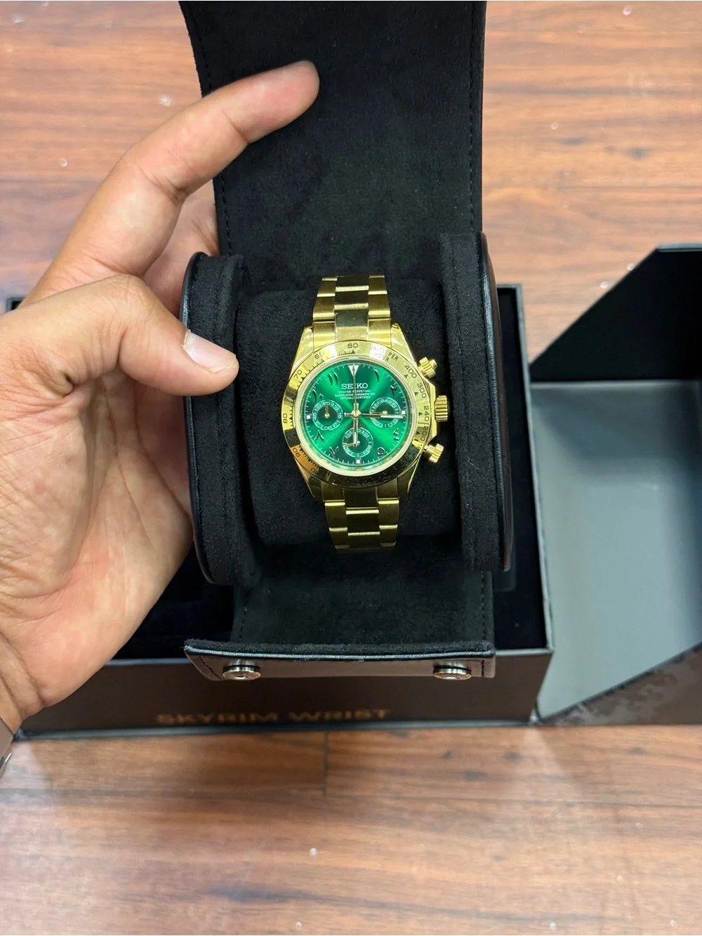 Seiko mod Gold Bracelet Chronograph with Green Dial Arabic Mens watch